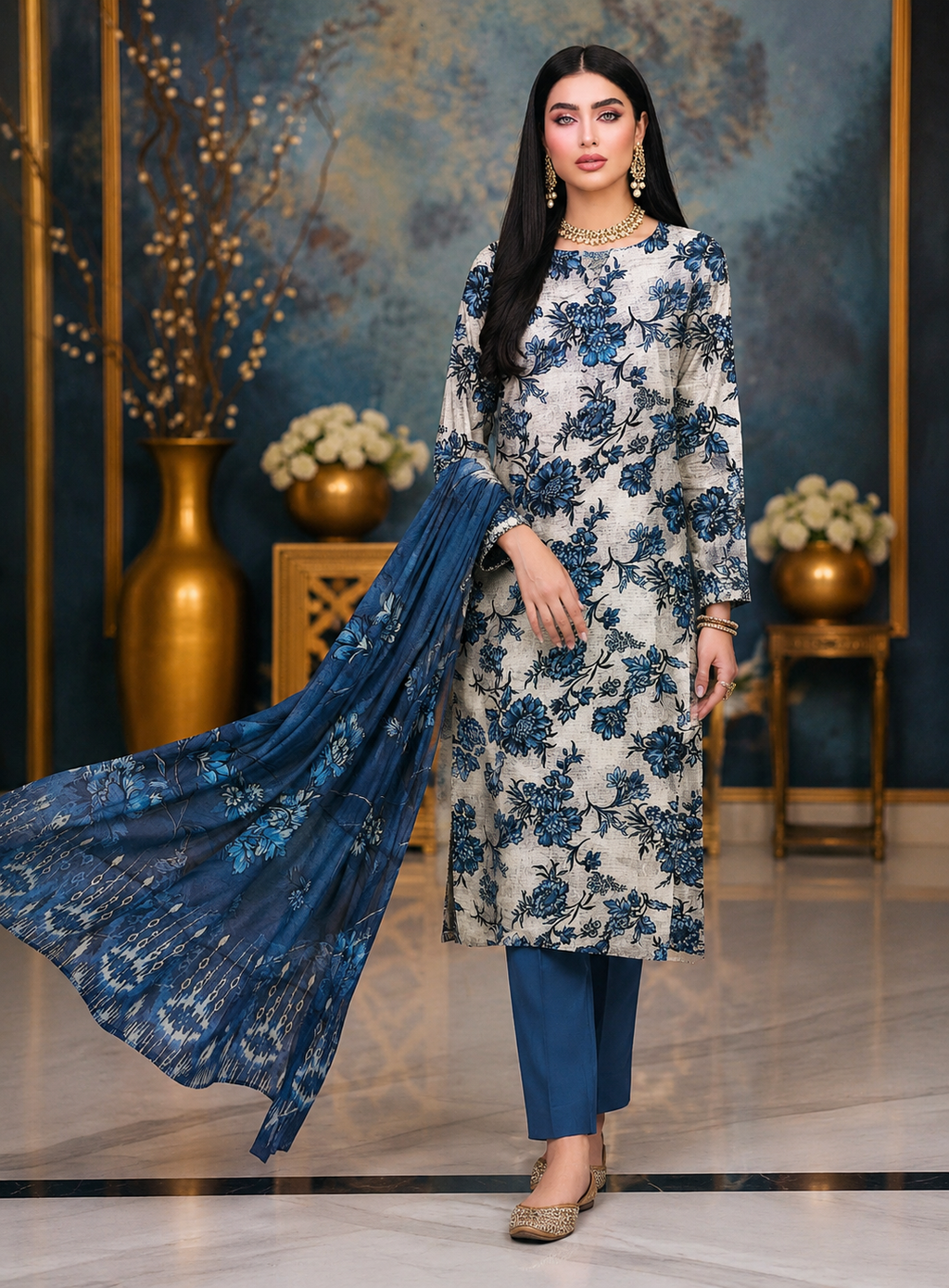 Elegant Blue Floral Printed 3-Piece Suit – Timeless Grace Collection - Is Fabrics
