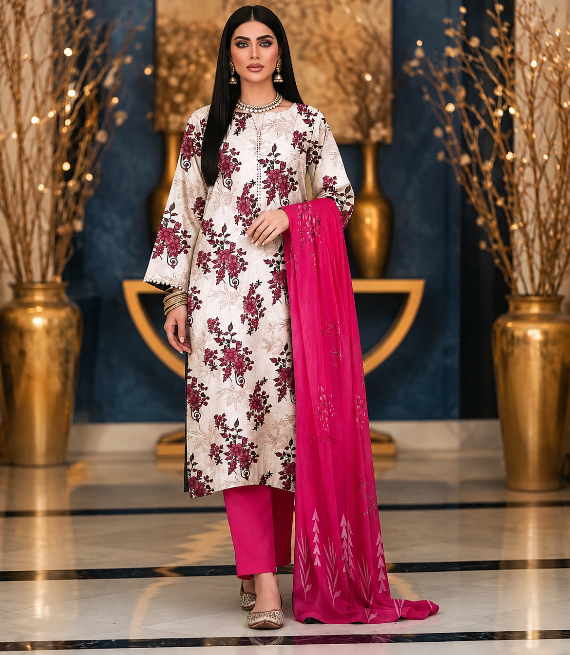 Elegant Floral Printed 3-Piece Suit – White & Magenta Collection - Is Fabrics