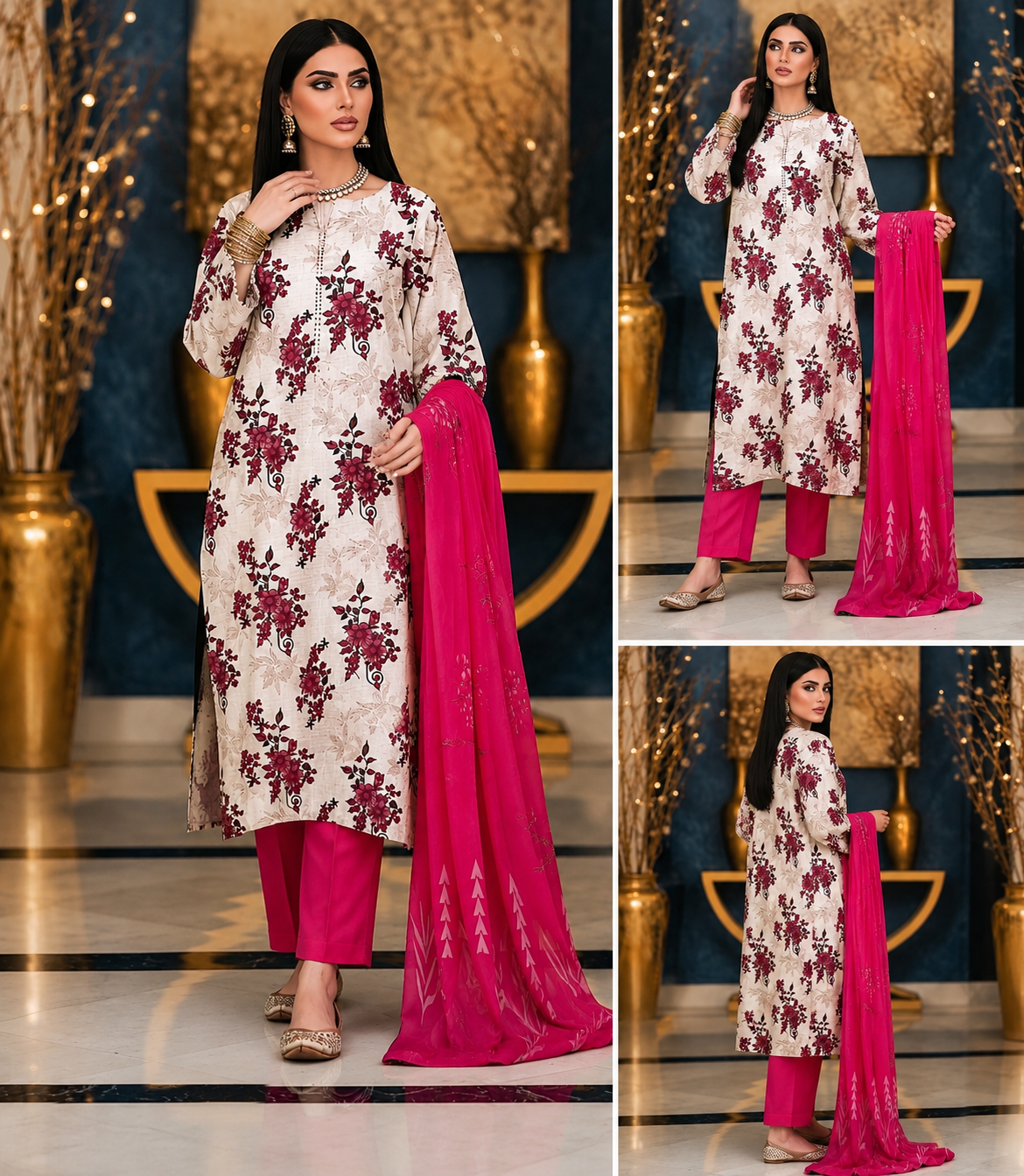 Elegant Floral Printed 3-Piece Suit – White & Magenta Collection - Is Fabrics