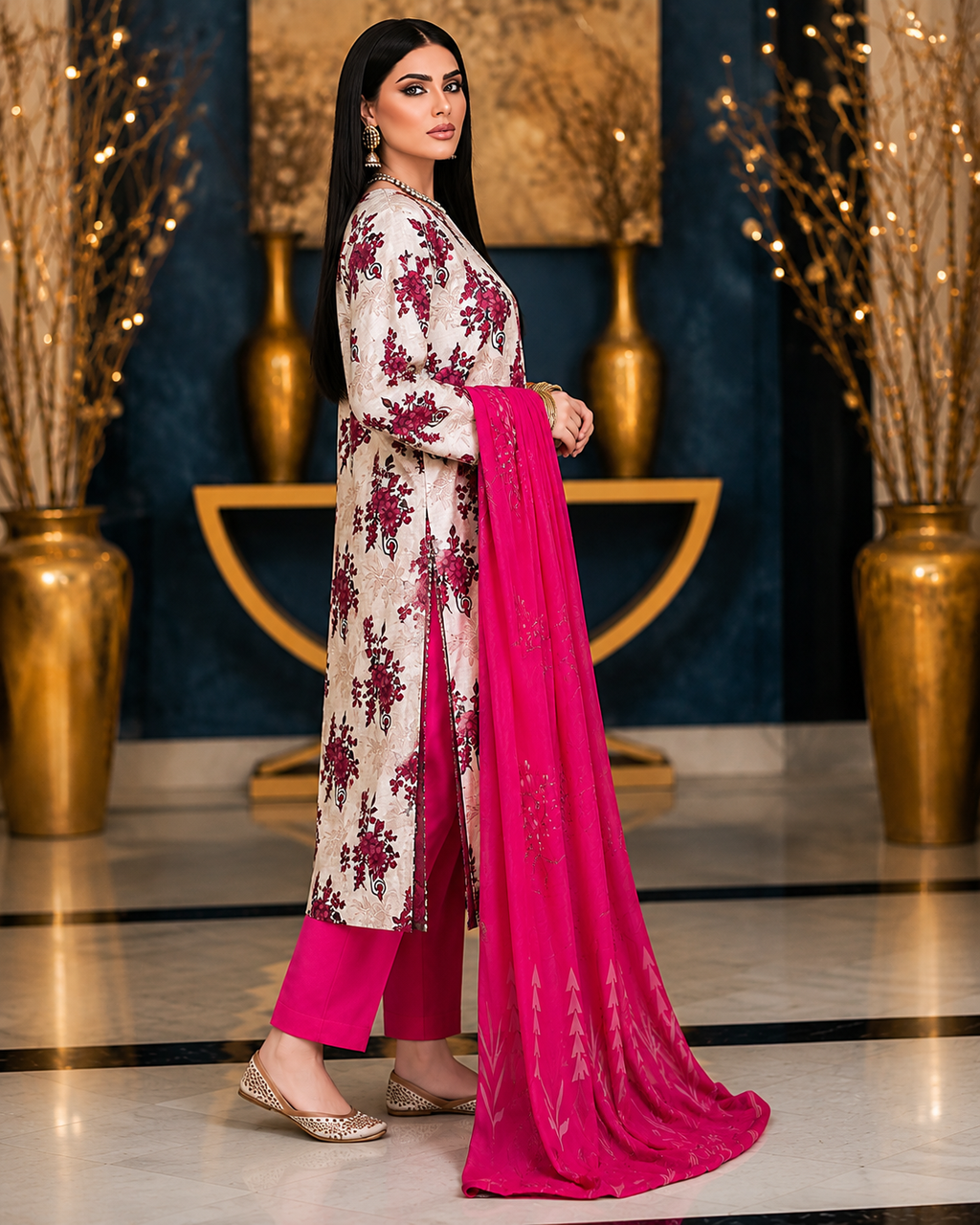 Elegant Floral Printed 3-Piece Suit – White & Magenta Collection - Is Fabrics