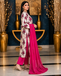 Elegant Floral Printed 3-Piece Suit – White & Magenta Collection - Is Fabrics