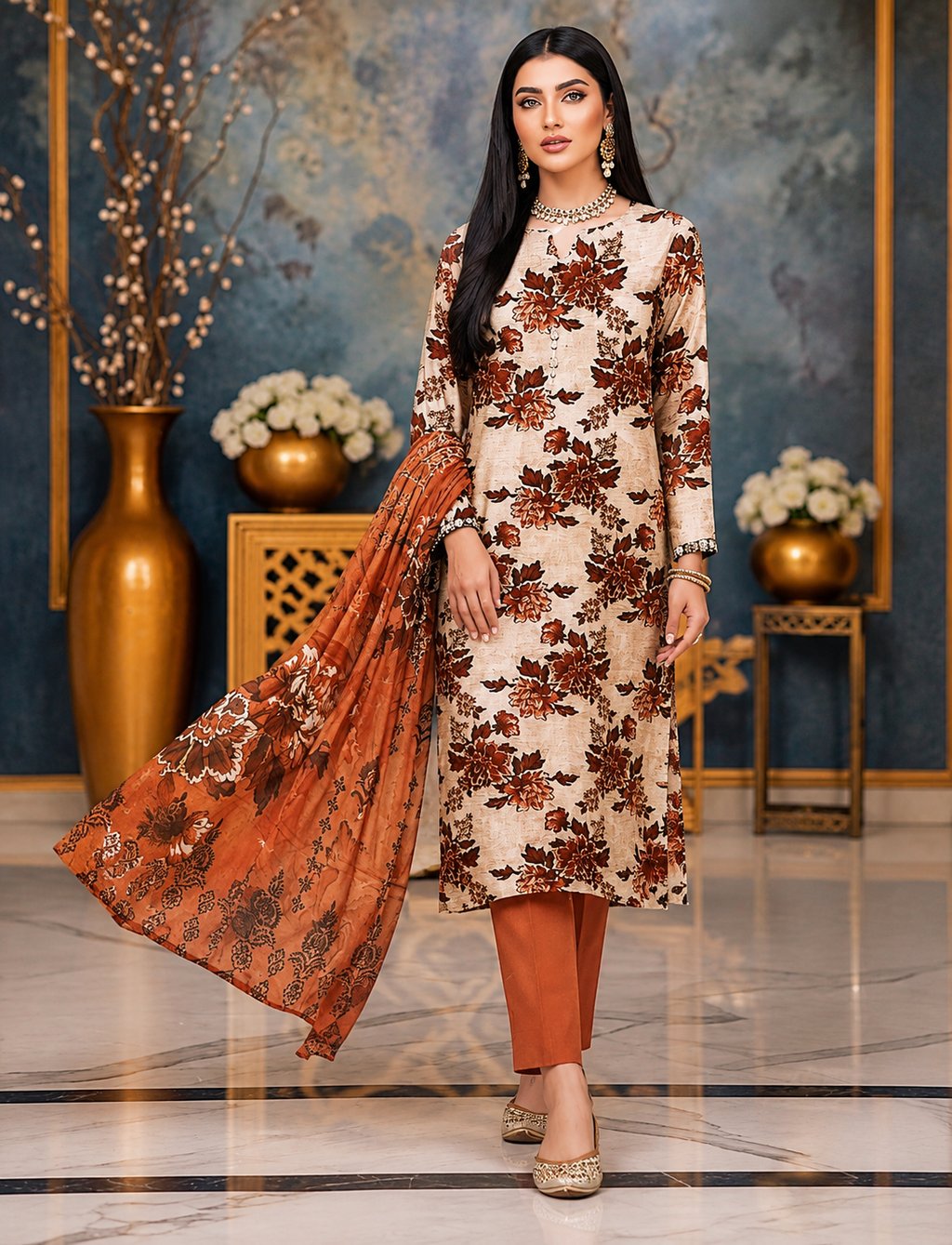 Elegant Floral Printed 3-Piece Suit – Classic Brown & Rust Collection - Is Fabrics