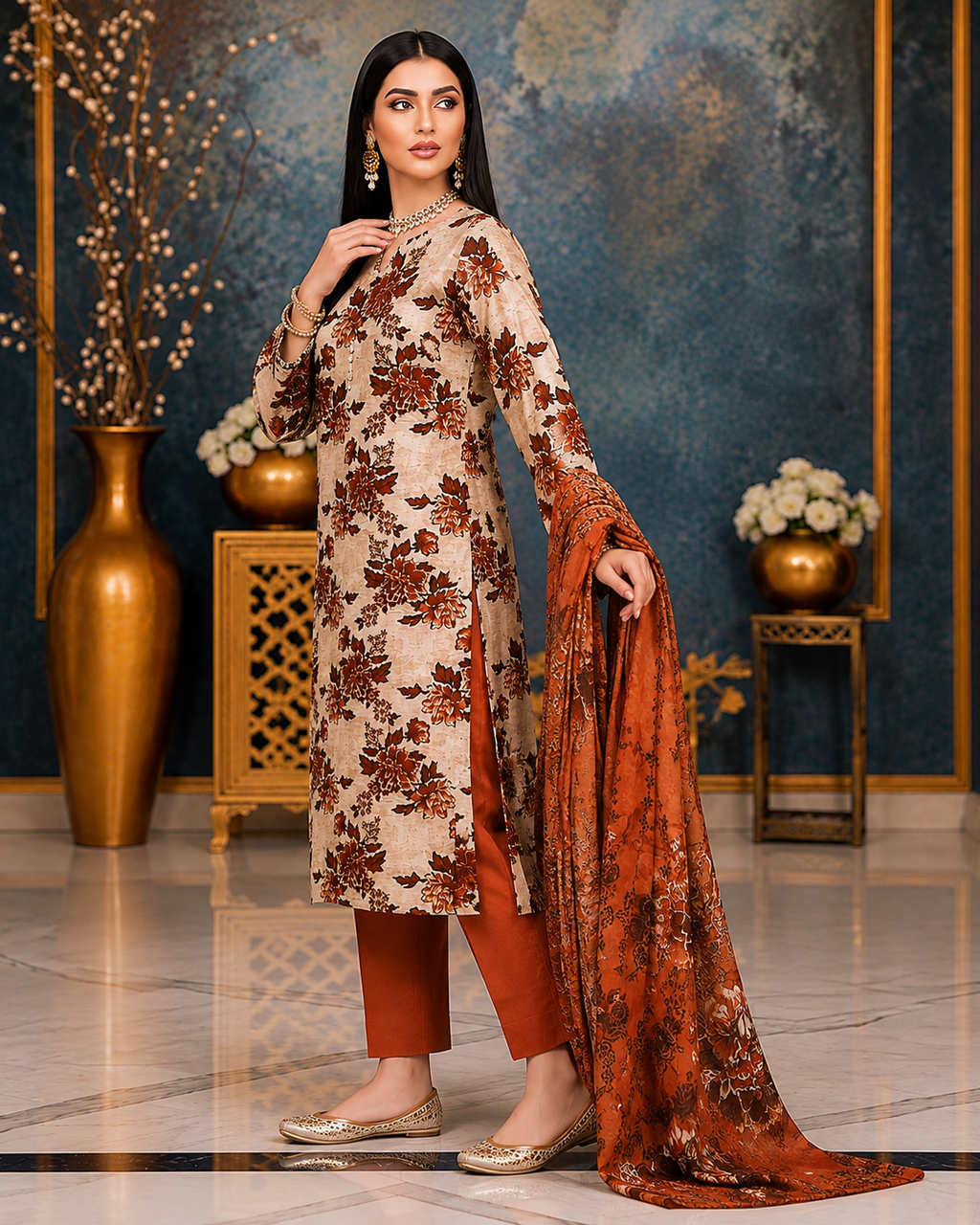Elegant Floral Printed 3-Piece Suit – Classic Brown & Rust Collection - Is Fabrics