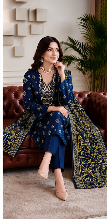 3 Piece LAWN Suit ✨ Royal Blue Elegance - Is Fabrics