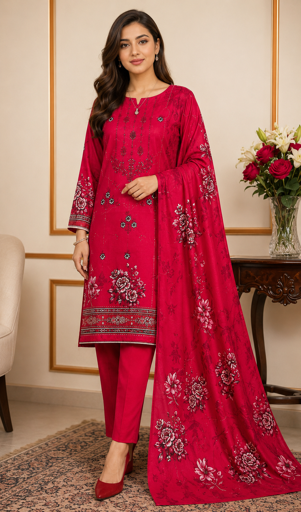 Elegant Red Embroidered Linen 3-Piece Suit | IS FABRICS - Is Fabrics