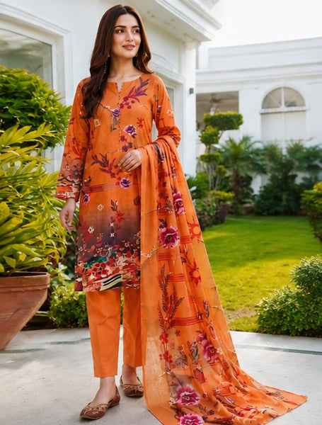 Elegant Orange Floral Printed Linen 3-Piece Suit | IS FABRICS