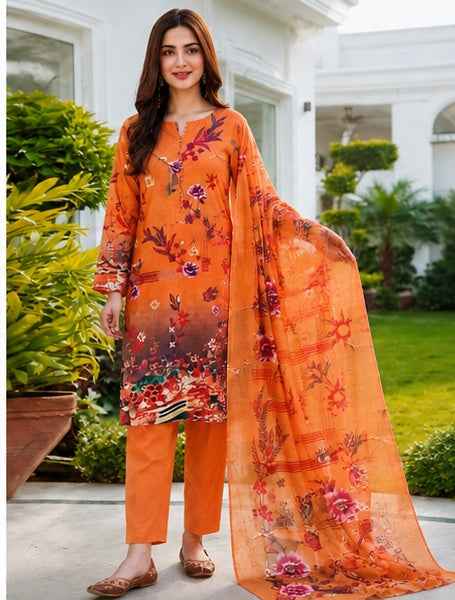Elegant Orange Floral Printed Linen 3-Piece Suit | IS FABRICS