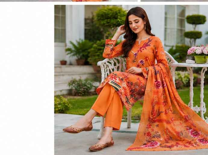 Elegant Orange Floral Printed Linen 3-Piece Suit | IS FABRICS