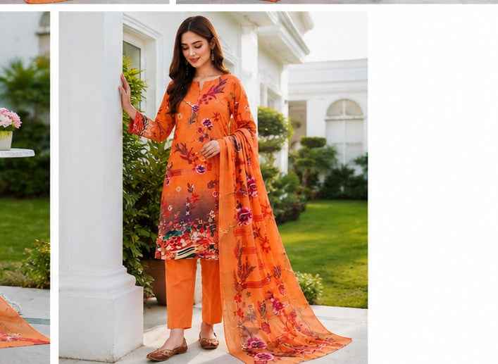 Elegant Orange Floral Printed Linen 3-Piece Suit | IS FABRICS