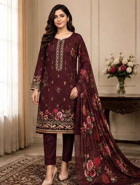 Elegant Maroon Floral Embroidered Linen 3-Piece Suit | IS FABRICS
