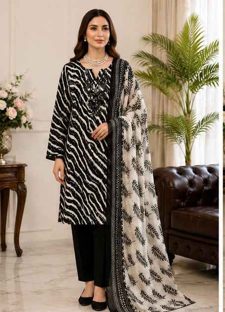 Elegant Black & White Printed Linen 3-Piece Suit | IS FABRICS