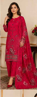 Elegant Red Embroidered Linen 3-Piece Suit | IS FABRICS