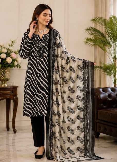 Elegant Black & White Printed Linen 3-Piece Suit | IS FABRICS