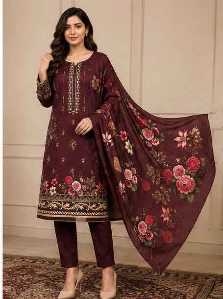 Elegant Maroon Floral Embroidered Linen 3-Piece Suit | IS FABRICS