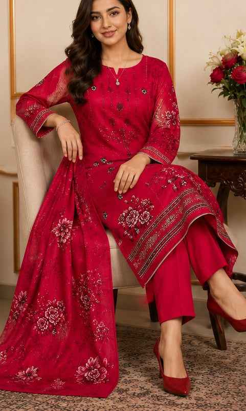 Elegant Red Embroidered Linen 3-Piece Suit | IS FABRICS