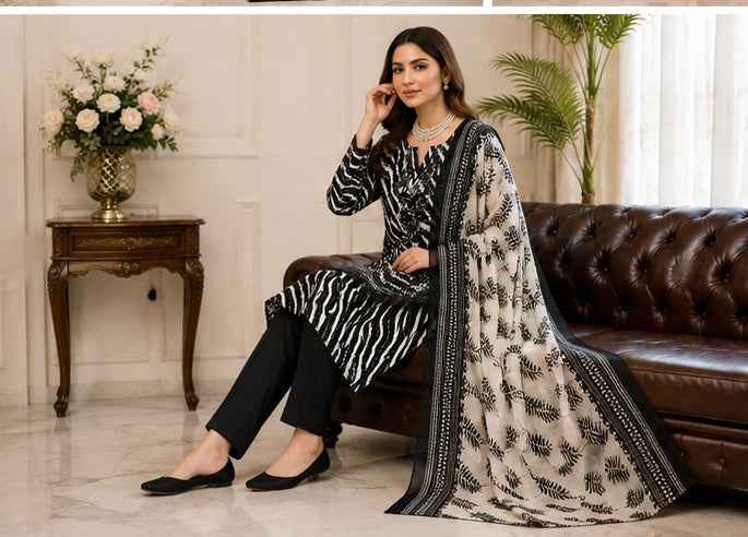 Elegant Black & White Printed Linen 3-Piece Suit | IS FABRICS