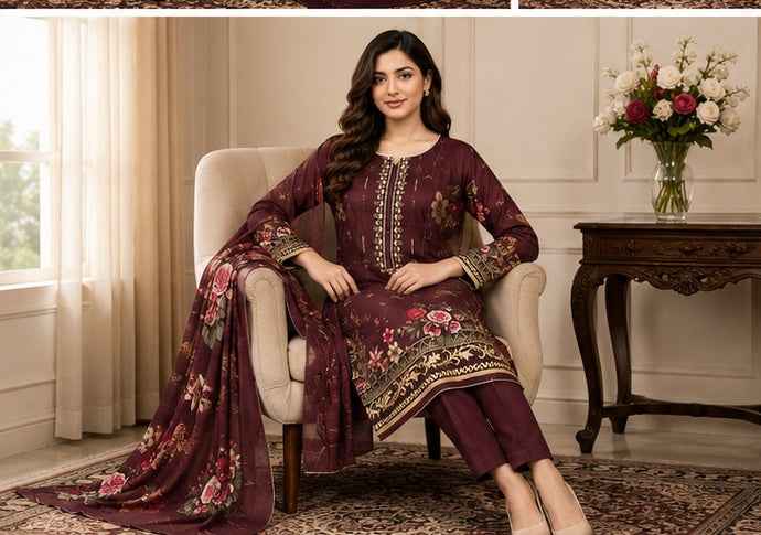 Elegant Maroon Floral Embroidered Linen 3-Piece Suit | IS FABRICS