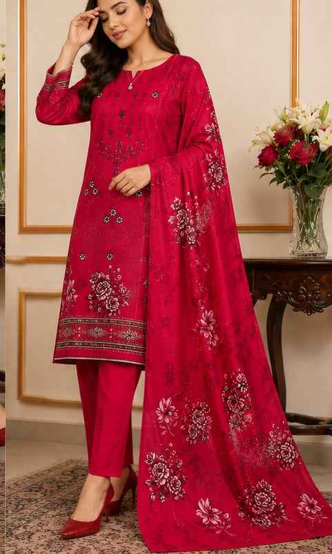 Elegant Red Embroidered Linen 3-Piece Suit | IS FABRICS