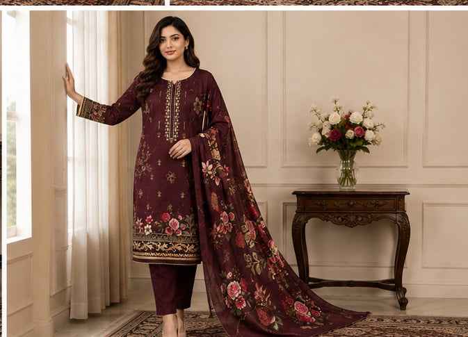 Elegant Maroon Floral Embroidered Linen 3-Piece Suit | IS FABRICS