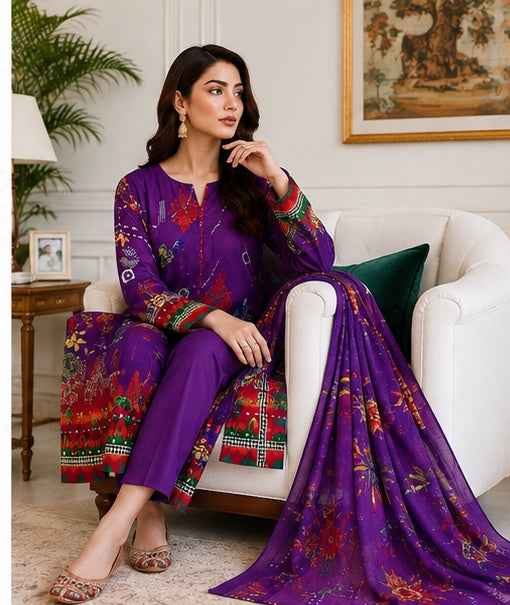 Royal Purple Digital Printed Linen 3-Piece Suit | IS FABRICS