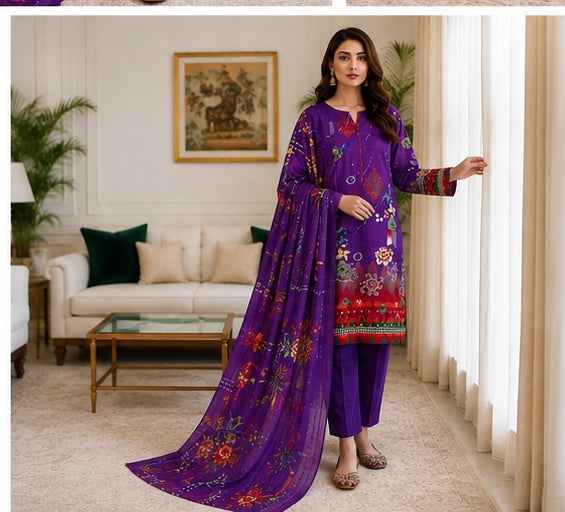Royal Purple Digital Printed Linen 3-Piece Suit | IS FABRICS