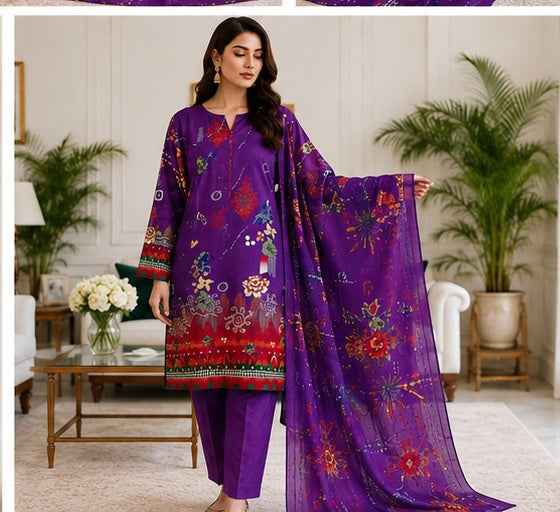 Royal Purple Digital Printed Linen 3-Piece Suit | IS FABRICS