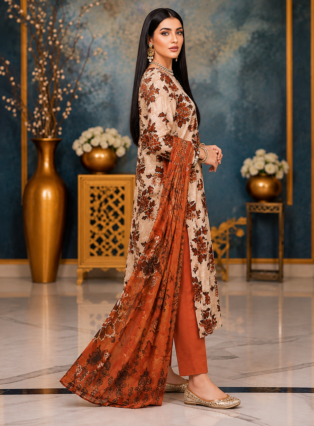 Elegant Floral Printed 3-Piece Suit – Classic Brown & Rust Collection - Is Fabrics