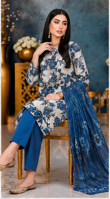 Elegant Blue Floral Printed 3-Piece Suit – Timeless Grace Collection - Is Fabrics