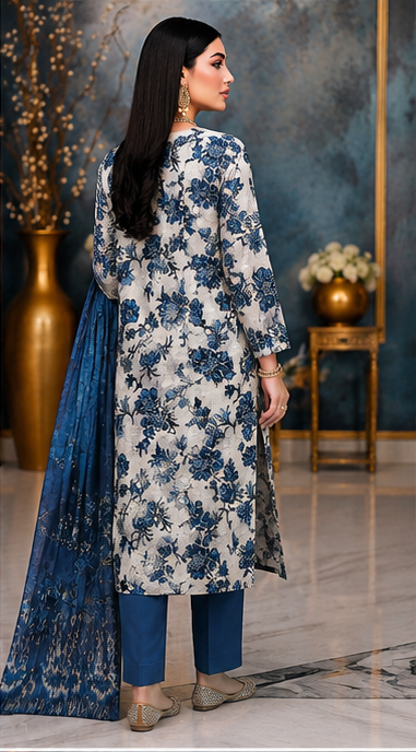 Elegant Blue Floral Printed 3-Piece Suit – Timeless Grace Collection - Is Fabrics